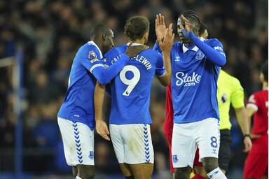 Az Everton játékosai ritkán örülhetnek a városi rivális ellen (Fotó: Beta/AP)