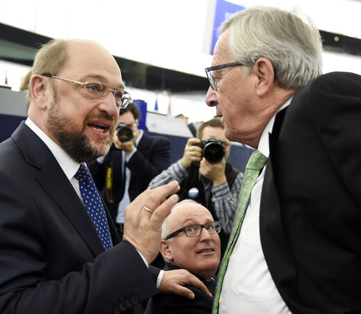 Martin Schulz EP-elnök és Jean Claude Juncker EB-elnök a szerdai strasbourgi parlamenti ülést követően (Fotó: Beta/AP)
