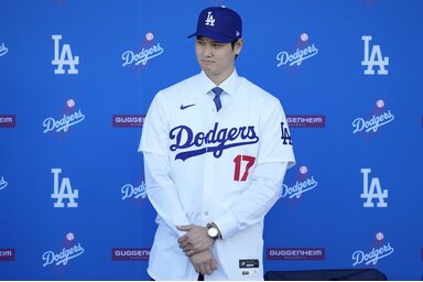 Otani Sohei a Dodgers csütörtöki sajtótájékoztatóján (Beta/AP)