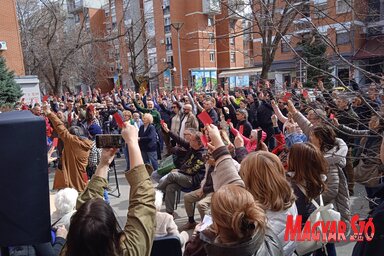 A limáni polgárok piros lapocskák magasba emelésével nyilvánították ki nemtetszésüket az önkormányzat urbanistáinak terve ellen (Fotó: Szeli Balázs felvétele)