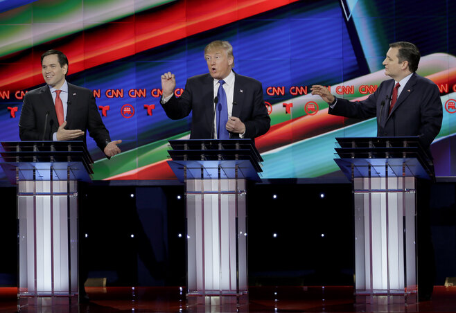 Marco Rubio, Donald Trump és Ted Cruz a heves houstoni szócsata során (Fotó: Beta/AP)