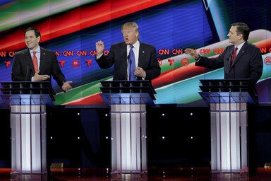 Marco Rubio, Donald Trump és Ted Cruz a heves houstoni szócsata során (Fotó: Beta/AP)