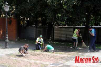 A közmunkások a múzeum mellett lévő kis teret gyomtalanítják (Benedek Miklós felvétele)