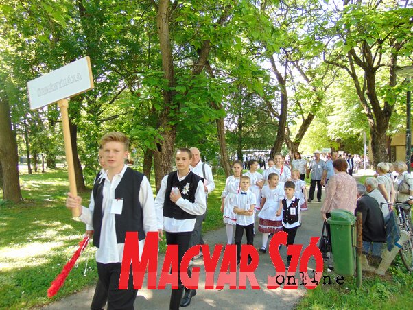 Az Ürményházai Közművelődés Egyesület csapata a szemlét megelőző felvonuláson (Vidács Hajnalka felvételei)
