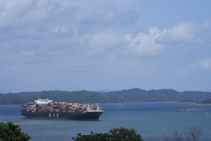 A cargo ship waits on Gatun lake, for its transit through the Agua Clara locks of the Panama Canal in Agua Clara, Panama, Thursday, Aug. 3, 2023. The Panama Canal Authority said it is limiti