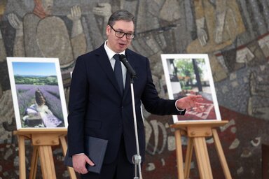 Aleksandar Vučić államelnök a Szerbia legszebb arca internetes fotópályázat nyertesei számára szervezett díjátadón (Fotó: Beta)