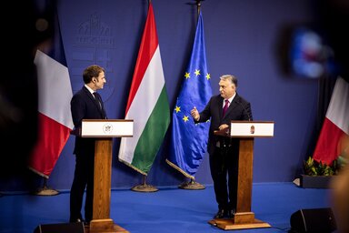 Emmanuel Macron és Orbán Viktor közös sajtótájékoztatója (Fotó: MTI)